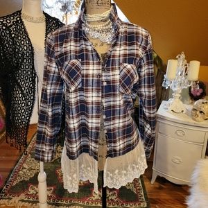 Flannel plaid shirt demanding sz small lace trim.